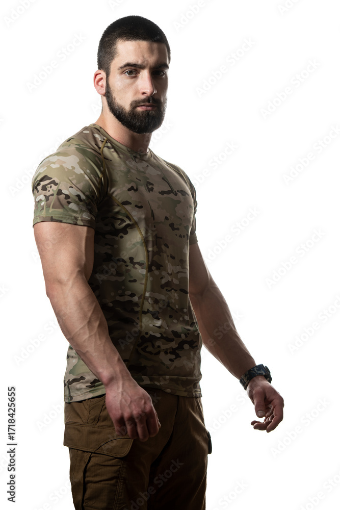 Fototapeta premium Portrait of Soldier on a White Background