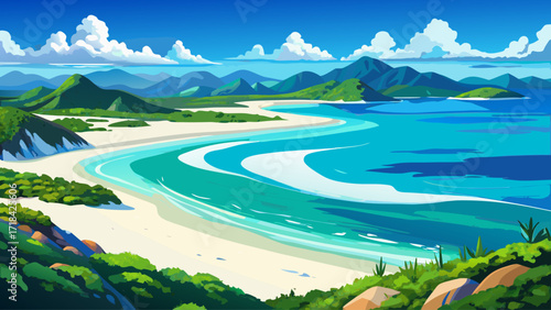 Whitehaven Beach in Australia, pristine white silica sand stretching along turquoise ocean, lush green islands in the background, a tropical paradise