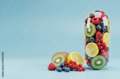 A mix of fruits and berries in a capsule standing on a light blue background with copy space. The concept of a healthy lifestyle 