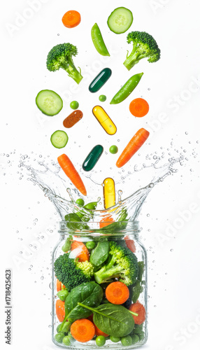 Fresh vegetables and supplement capsules fall into a jar with a splash. Concept for a healthy lifestyle and diet using natural vitamins.
