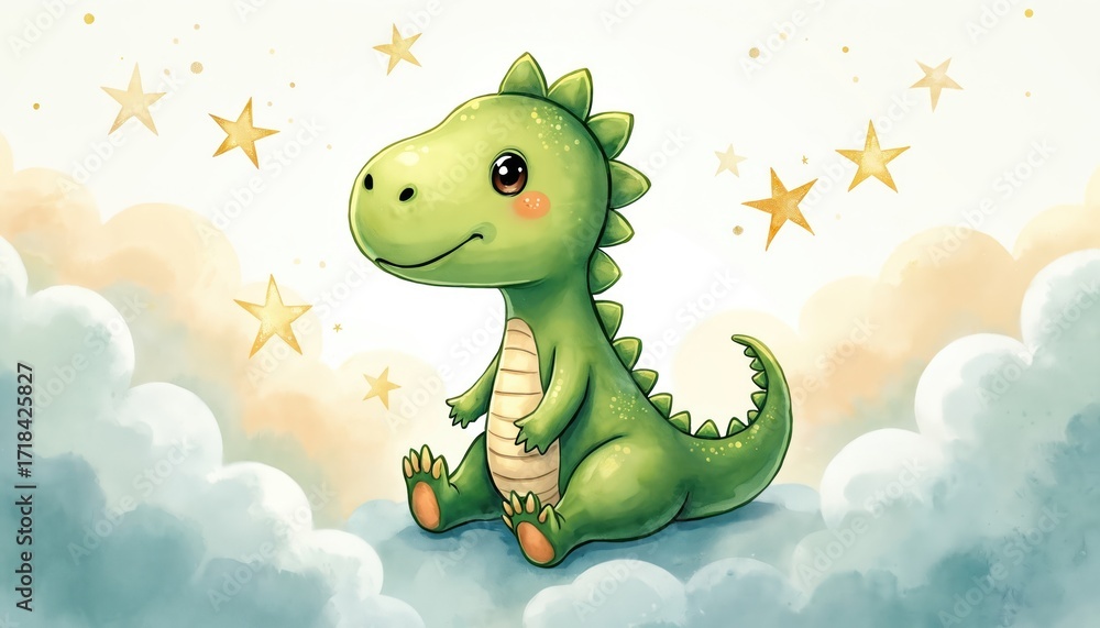 Fototapeta premium Cute green baby dinosaur illustration sits on clouds among stars. Hand-drawn watercolor artwork perfect for children room decor, baby shower invitations, posters, kids goods design. Features charming