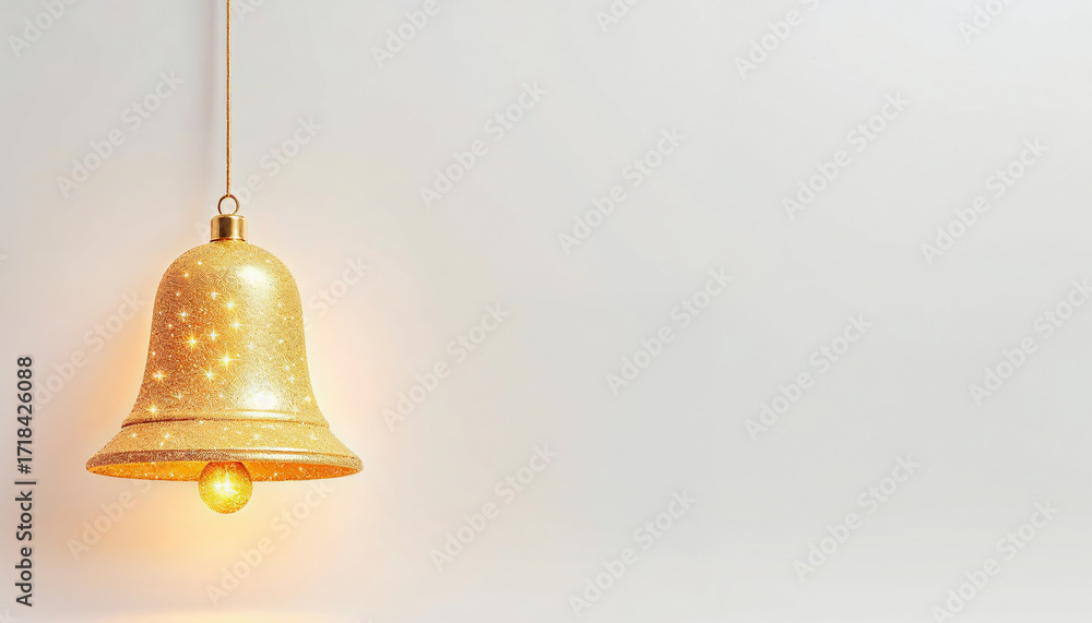 Obraz premium Hanging golden Christmas bell glowing with soft light on clean background