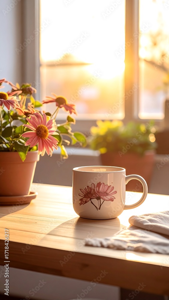 Fototapeta premium Sunrise, flowers, and coffee