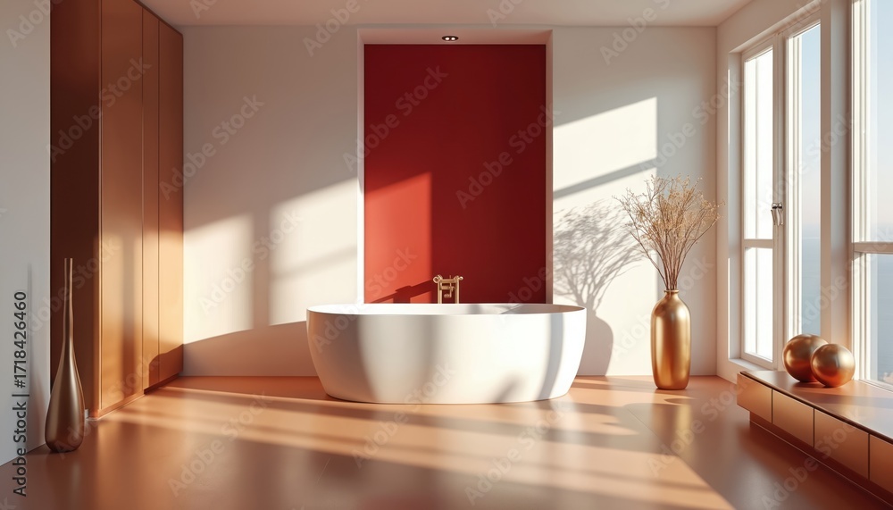 Fototapeta premium Modern bathroom interior features freestanding white bathtub against vibrant red accent wall. Sunlight streams through large windows, casting shadows on warm-toned floor. Minimalist design includes