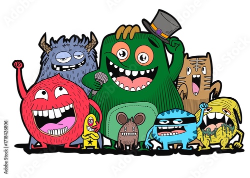 Hand-drawn illustrations, monsters doodle, Hand Drawn cartoon monster illustration,Cartoon crowd doodle hand-drawn Doodle style.