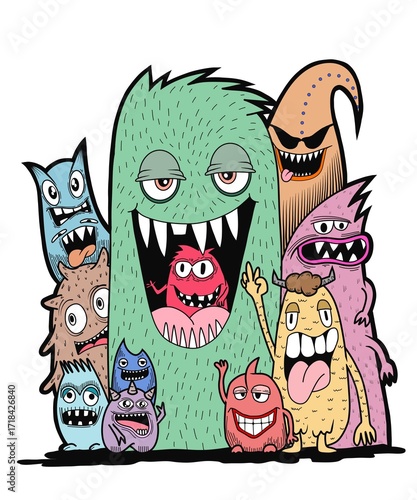 Hand-drawn illustrations, monsters doodle, Hand Drawn cartoon monster illustration,Cartoon crowd doodle hand-drawn Doodle style.