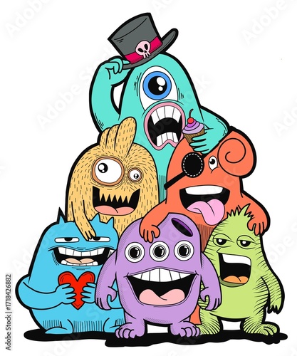Hand-drawn illustrations, monsters doodle, Hand Drawn cartoon monster illustration,Cartoon crowd doodle hand-drawn Doodle style.