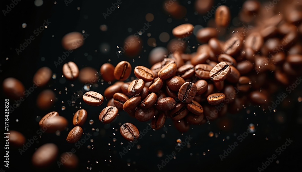 Obraz premium Roasted coffee beans mid-air. Brown Arabica beans with deep aroma, suspended in motion. Water droplets scatter around. Great for cafe, barista, or breakfast themes.