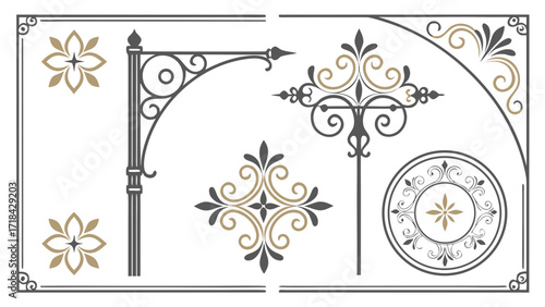 Wallpaper Mural Ornate decorative elements and borders in dark gray and gold Torontodigital.ca