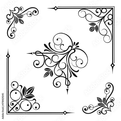 Elegant black flourish corner accents and centerpiece