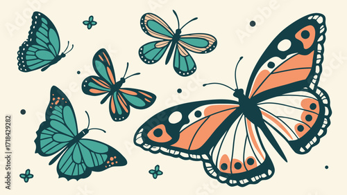 Whimsical butterfly illustration with teal and coral color palette