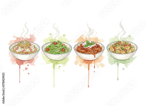 Delicious Italian Pasta Dishes Four Watercolor Illustrations
