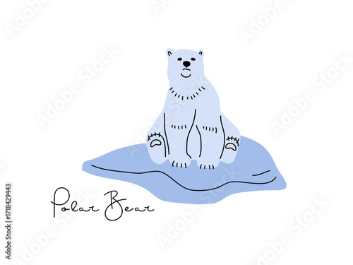 Polar Bear sitting on ice floe or snow. Flat vector illustrations of North animal with inscription. Adult polar bears. Wild animal of Arctic Circle. Arctic white north animal.