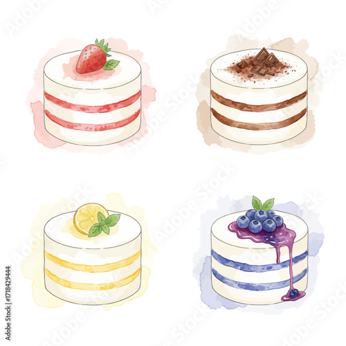 Watercolor Cakes Collection Four Deliciously Illustrated Desserts Perfect for Culinary and Bakery Projects