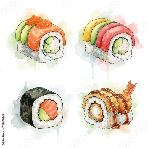 Hand-drawn artistic collection of delicious Japanese sushi rolls, including salmon, tuna, and shrimp tempura, in a beautiful watercolor style