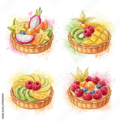 Delightful Watercolor Fruit Tarts Collection A Sweet Treat for the Eyes