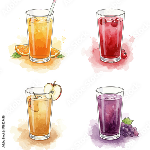 Watercolor Fruit Juice Illustration Set with Orange, Cherry, Apple, and Grape Drinks