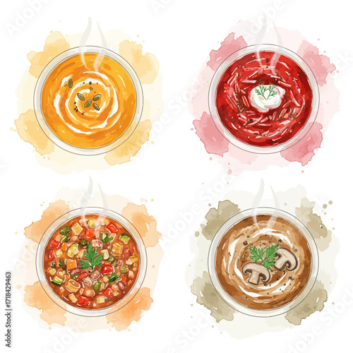 Colorful set of four different bowls of soup, pumpkin, borscht, minestrone, and mushroom, hand-drawn watercolor illustration