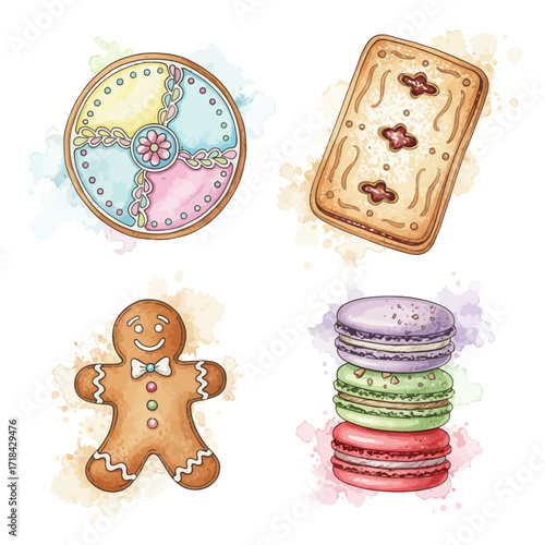 Watercolor illustrations of festive baked goods gingerbread man, decorated cookies, jam pastry, and colorful macarons, perfect for sweet design projects