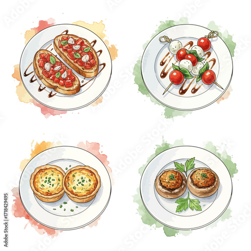 A colorful watercolor illustration of a variety of delicious appetizers and finger foods served on white plates
