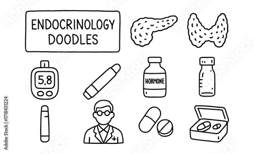 Endocrinology doodles: hand drawn medical icons for diabetes and hormone health