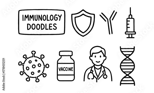 Immunology doodles: hand-drawn icons of vaccine, virus, dna, and medical symbols