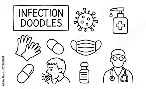 Infection prevention doodles featuring mask, doctor, and sanitizer