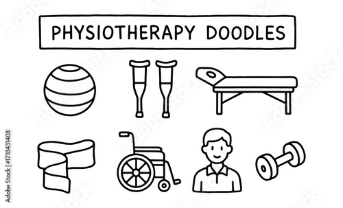 Physiotherapy doodles: rehabilitation crutches, wheelchair, exercise ball, therapy icons