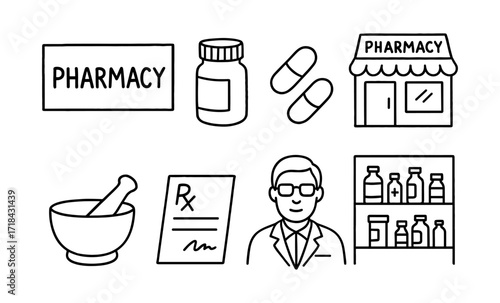 Pharmacy icons set featuring outline elements of pharmacist, medicine, and prescription