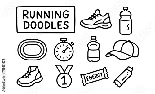 Hand-drawn running essentials doodle set with shoes, stopwatch, and accessories