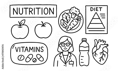 Healthy lifestyle elements: nutrition, diet, and wellness in linear style