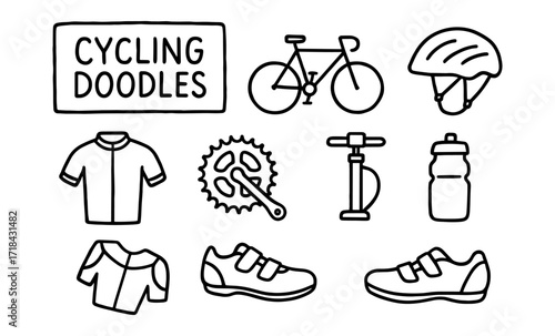 Cycling doodles: bike gear in simple hand drawn style for enthusiasts