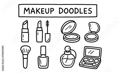 Hand drawn makeup doodles collection: lipstick, mascara, and more