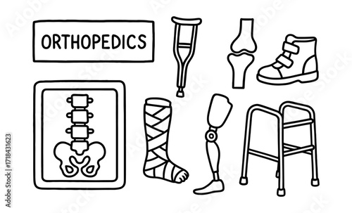 Orthopedics tools and symbols: crutches, prosthetics, joints and braces in outline style