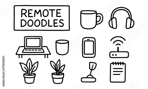 Remote work essentials: hand drawn doodles of everyday office items