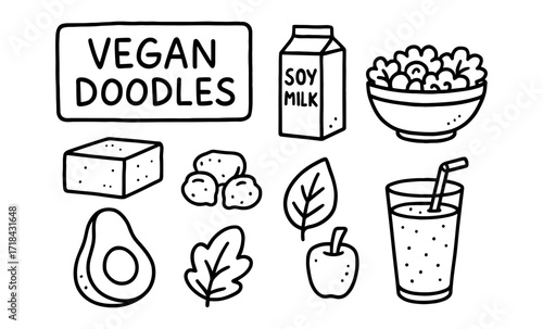 Charming vegan doodles: soy milk, avocado, fresh leaves, tofu, smoothie, bowl of vegetables