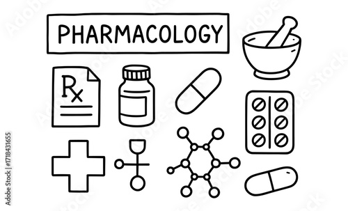 Pharmacology line art: medicine icons and symbols for research and healthcare