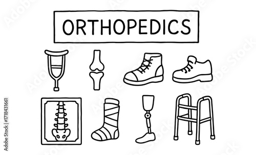Hand drawn orthopedic elements: crutches, prosthetics, x-ray, and footwear