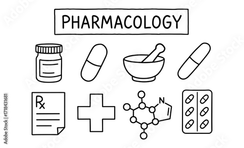 Minimalist pharmacology icons set: medicine, chemistry, pharmacy, healthcare, prescription