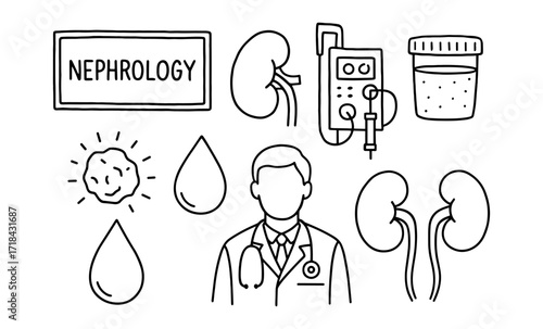 Nephrology icons set with doctor and medical elements in linear style
