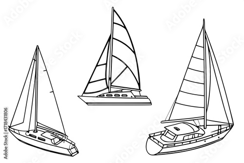 Collection of yacht line art designs, drawn with precise geometric outlines, white background, no shadows.