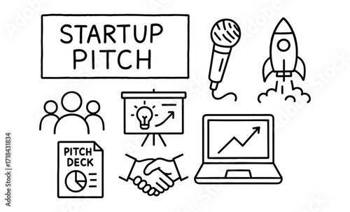 Startup pitch elements: hand-drawn icons for business presentation success