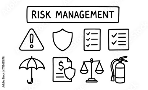Risk management concept with outline icons for business and safety