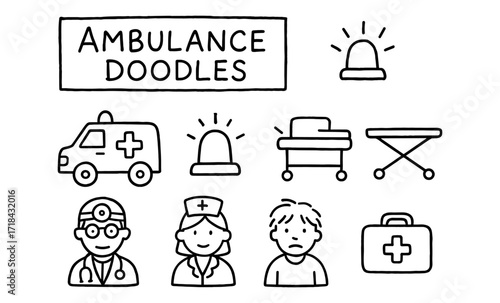 Cute ambulance doodles: medical icons with doctors, nurses, and emergency symbols