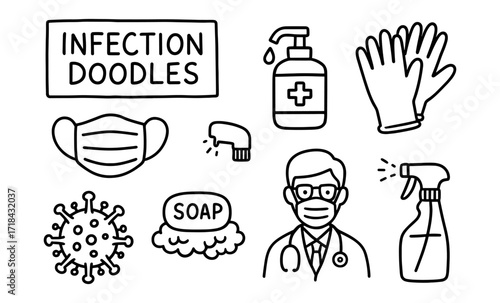 Infection doodles featuring medical supplies, virus, and hygiene essentials in hand-drawn style