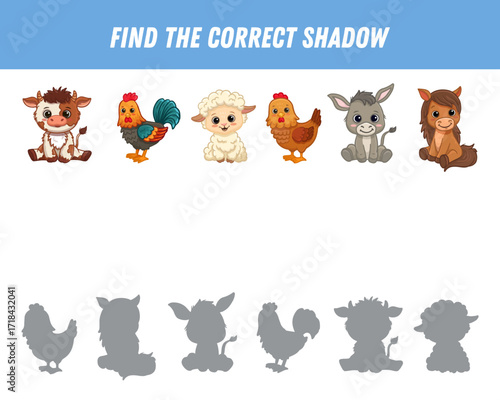 Find correct shadow of cute cartoon animal. Educational logical game for kids. Funny farm animal. Donkey, chicken, cow, horse, rooster, sheep. Vector illustration