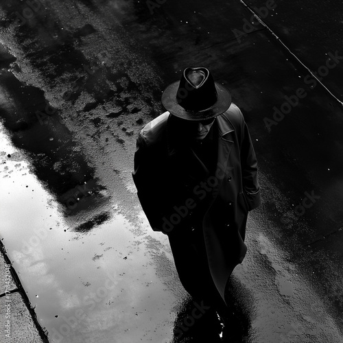 Mysterious Man Walking on Rainy Street in Black and White