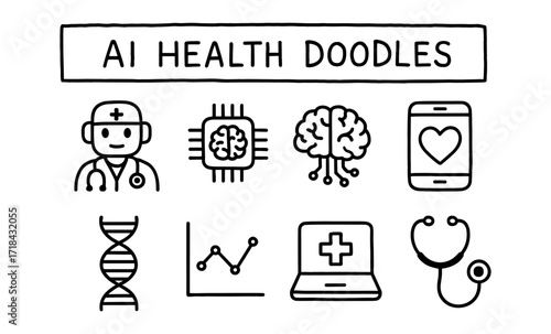 Ai health doodles: medical icons including doctor, brain, dna, and technology symbols