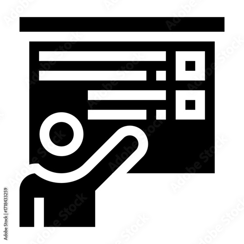 Icono de presentación en pizarra. Enseñanza, capacitación y exposiciones educativas. Persona enseñando en la pizarra. Ilustración vectorial