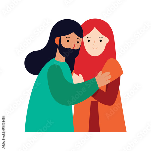 two biblical figures embracing in peace on white background